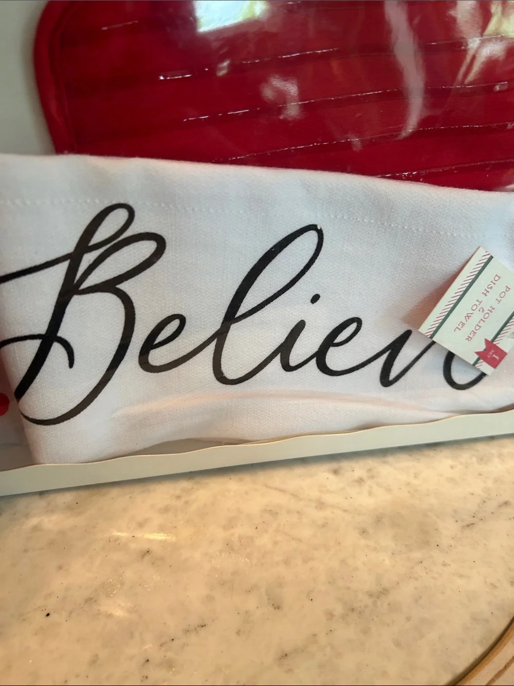 Believe Decorative Kitchen Towel & Red Pot Holder Set